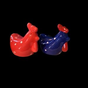 READ- Chubby Ceramic Chickens Red Blue White Polka Dots Hand Painted Farmhouse